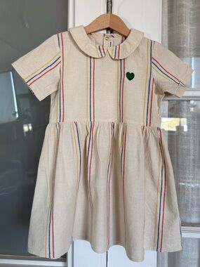 Mini Rodini Cream Striped Dress with Green Heart